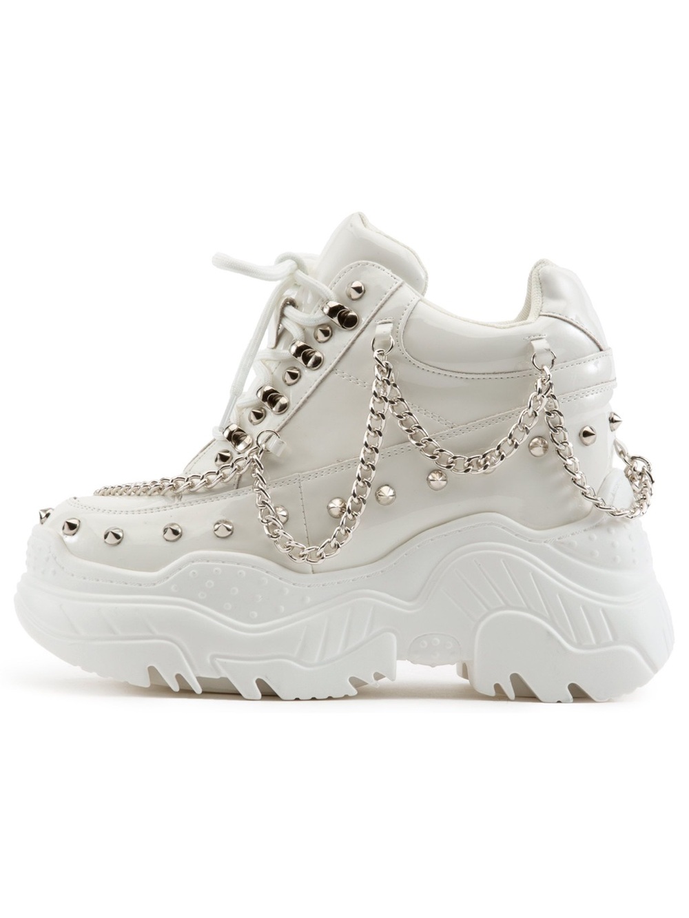 Anthony wang Chunky White Platform Sneaker with Silver Chain and Stud Accents